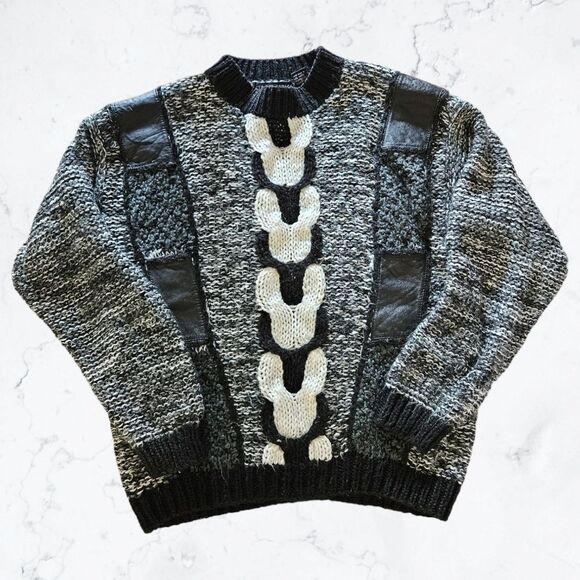 Vintage Sweaters - Vintage Street Scene 80s Black, White and Grey Leather Accent Fuzzy Sweater